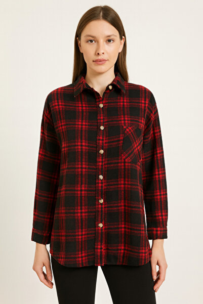 Nuevo Women's Red Black Plaid Patterned Long Sleeve Lumberjack Shirt with Poc...