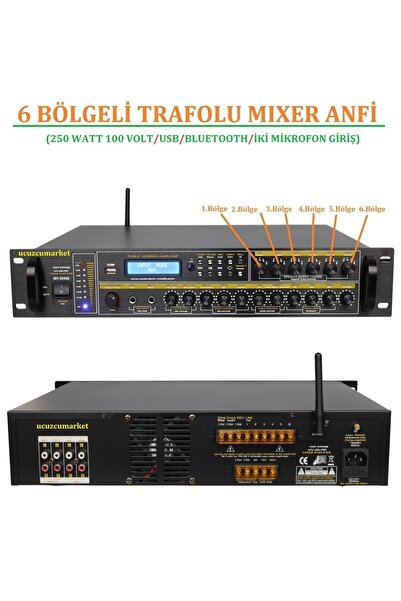Kalite 6 BÖLGELİ TRAFOLU MIXER ANFİ (250 WATT 100 VOLT/USB/BLUETOOTH/İKİ MİKR...
