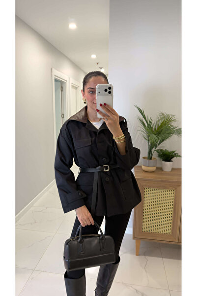 BİRCANÇİL Joja Black Leather Detailed Belted Trench Coat