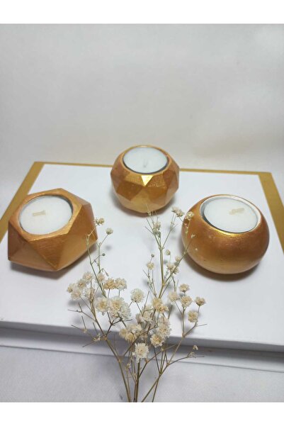 emilysamy Geometrik Desenli Antiquity Gold 3'lü Mumluk Set, Dekoratif Masa Se...