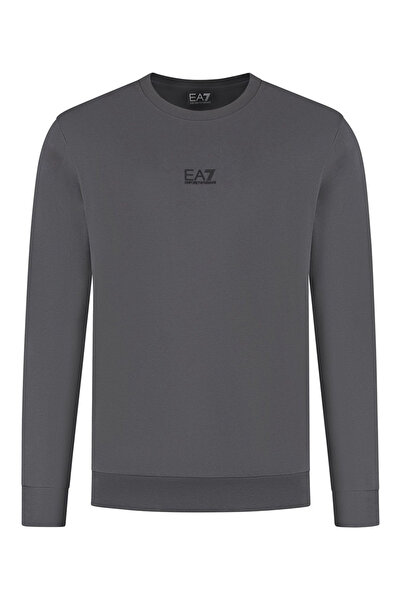 EA7 Erkek Tam Kalıp Bisiklet Yaka Logolu Sweatshirt - Gri