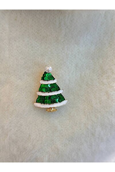 Esmeray Aksesuar Metal Gold Renk Yeşil Payetli İnci Detaylı Çam Ağacı Tasarım Yılbaşı Temalı Broş / Yaka İğnesi