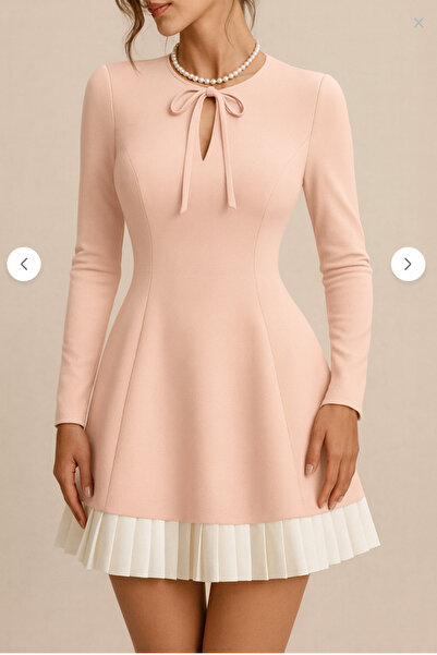 OLEAOFFICIAL Premium Kontrast Pilise Detaylı Double Mini Elbise & (Davet Kole...