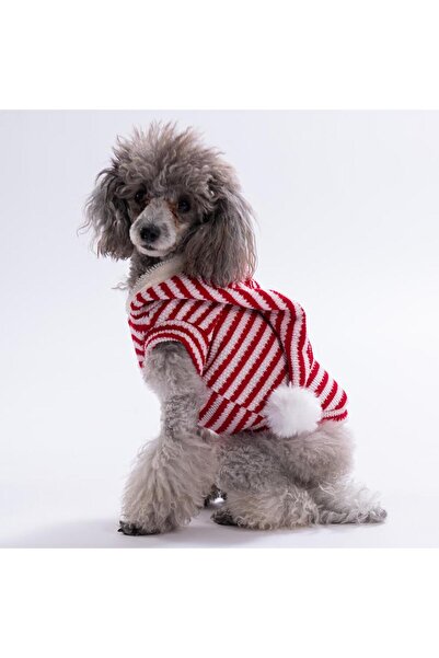 Pawstar CandyCane Yelek-Sweat Kırmızı Çizgili Şapkalı Triko Köpek Kıyafeti Ke...