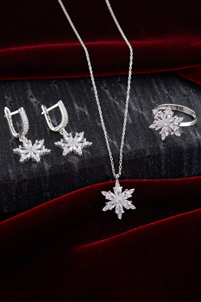 innuendo jewelery 925 Ayar Gümüş Zirkon Taşlı Beyaz Lotus Set