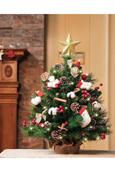 Çemrek Süs Parti Lux Yılbaşı Ağacı 60 cm Pamuk Kozalak Portakal Tarçın Keçe Kokina Fiyonk ve Yıldız Tepe Süs Led