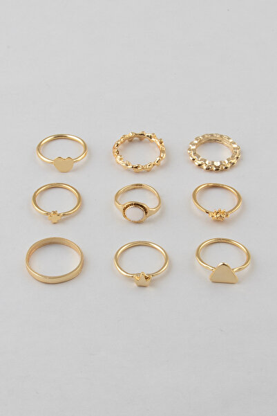 Sortie Aksesuar مجموعة من 9 خواتم مع قلب كبير من اللؤلؤ المينا والمثلث والزهر...