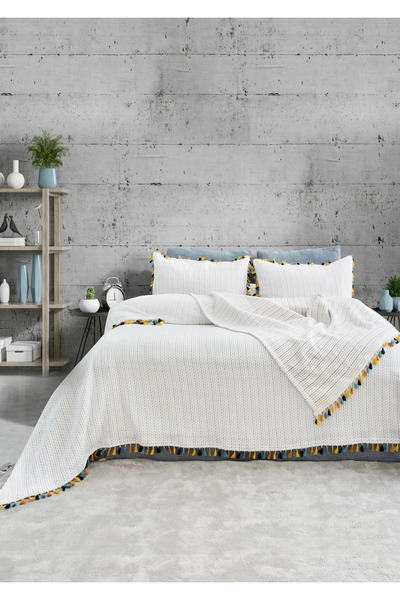 Şaheser Home Collection Clarita Jacquard Bedspread Set – Boho Colorful Tassel...