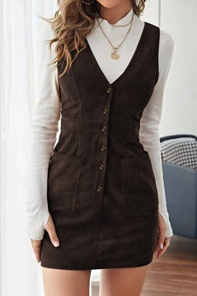 Mossta Buttoned Velvet Fabric Mini Dress - Brown