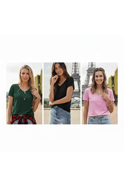 FAVORİST 3-Pack Basic V-Neck Women's T-Shirt