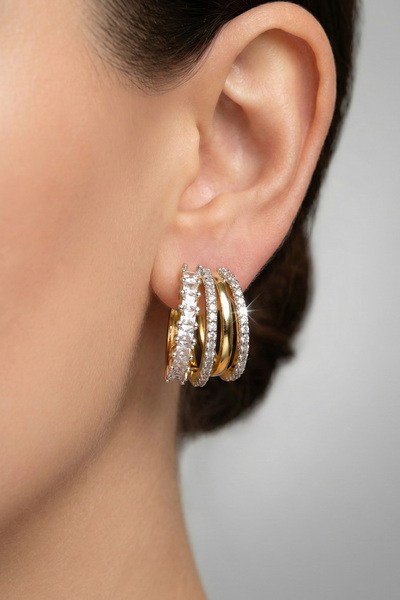 Modacaprea Çelik 14K Dört Küpe görünümlü Vidalı Kadın Küpe Kararmaz Kadın Takı Çelik Küpe