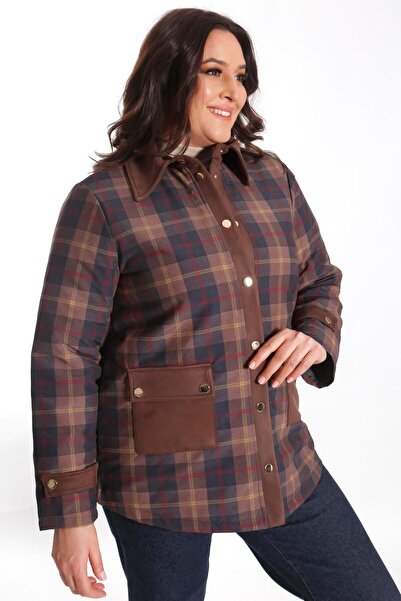 Metpoint Trend42Plus Plus Size Plaid Patterned Brown Coat with Snap Buttons