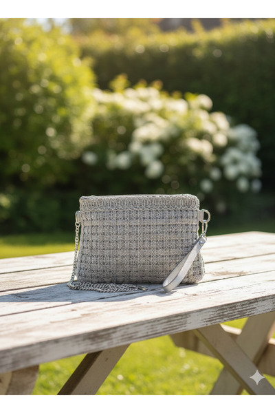 DEMİR ACCESORİES Women's Gray Glittery Knitted Model Style Hand and Crossbody Bag