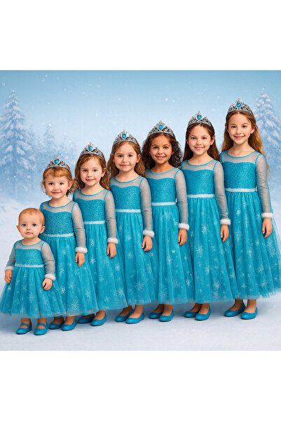 Parti Selesi Karlar Ülkesi Kostüm Mavi Uzun Kollu Elbise Kız Çocuk Abiye