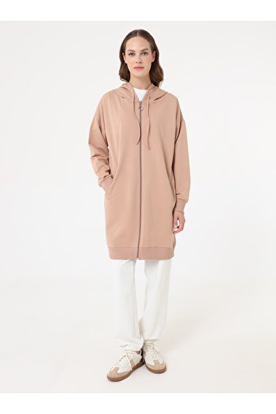 Benin Basic Zippered Hooded Sweatshirt - Dark Cream -