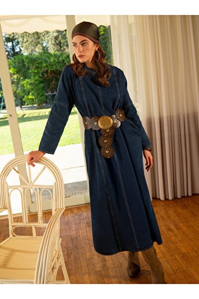 Refka Kuplu Belted Denim Hijab Dress - Dark Navy Blue -
