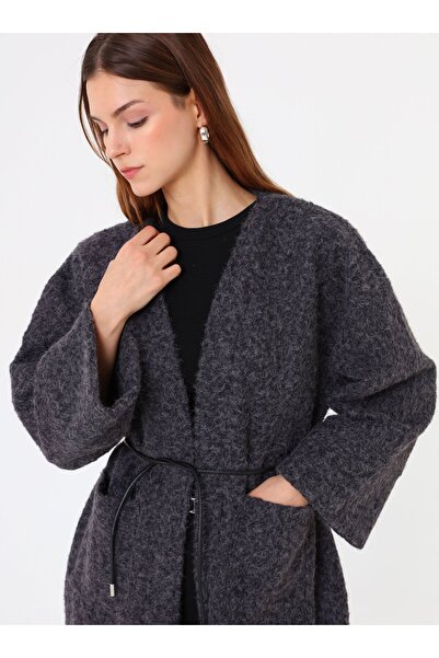 Refka Thick Cardigan with Leather Belt Detail - Gray -