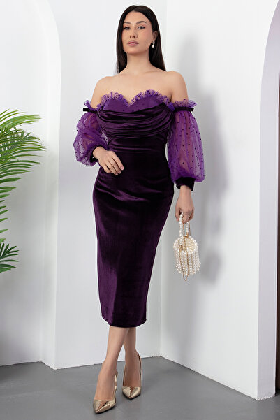 PULLIMM Strapless Neckline False Sleeve Velvet Dress 6550