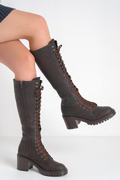 Saltopik Cizme cu toc cu fermoar și șireturi maro