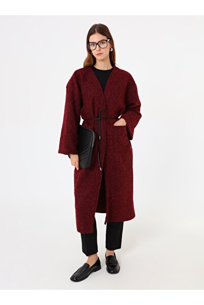 Refka Thick Cardigan with Leather Belt Detail - Burgundy -
