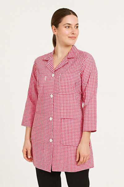 Kardelen İş Elbiseleri Gingham Patterned Long Sleeve Women's Work Apron – Comfortable, Durable, and Stylish Model