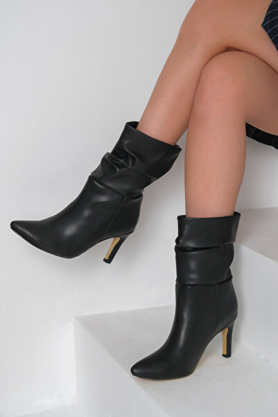 Saltopik Μαύρες δερμάτινες μπότες με τακούνι με κορδόνια