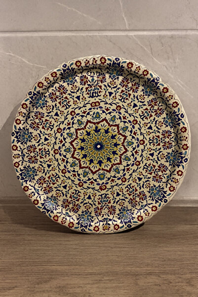 ATAGİFT HEDİYELİK Çini Lale Desenli Hafif Metal Tepsi 30 cm - Sunum Tepsisi