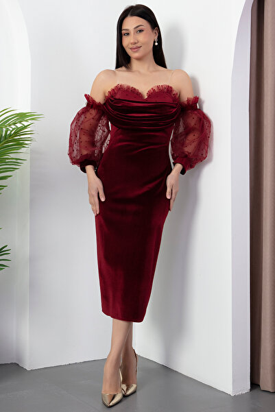 PULLIMM Strapless Neckline False Sleeve Velvet Dress 6550