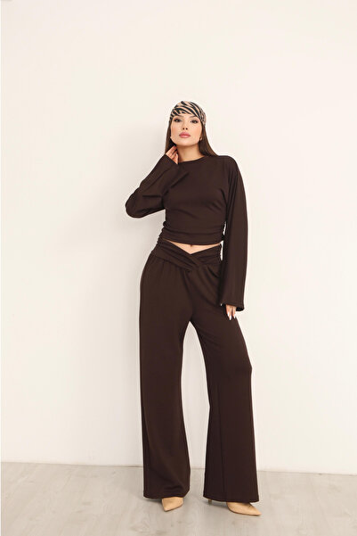 The Robi Women's Brown Cross Waist Palazzo Pants Piece Double Set
