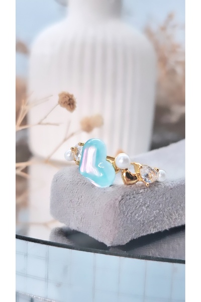 Serenity خاتم مطلي بالفولاذ مع حجر الأوبال واللؤلؤ على شكل قلب