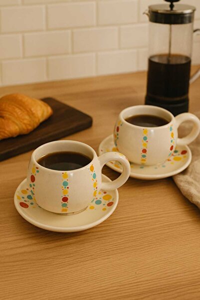 Dekorasyaa طقم فناجين قهوة سيراميك مزدوجة - 150 مل - نمط بقع ملونة