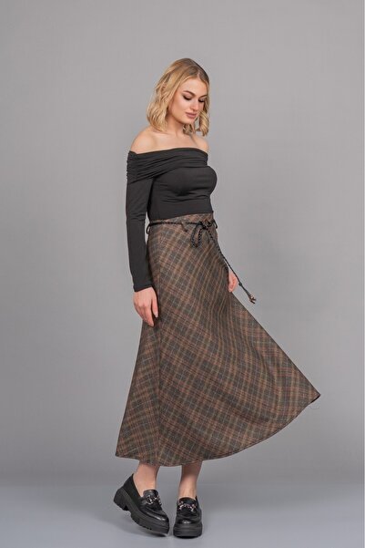 MissVina Hasır Kemer Dokuma Kare Desen Yüksek Bel Etek 6834