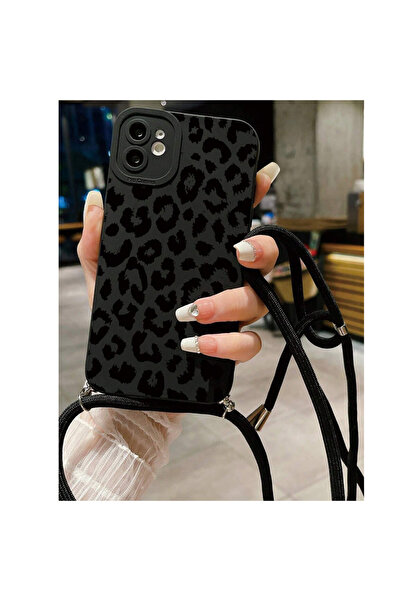 Coverzone حافظة سيليكون مخصصة بتصميم الفهد مع سطح داخلي مخملي وحزام للرقبة متوافقة مع آيفون 12 - سي إف01 أسود