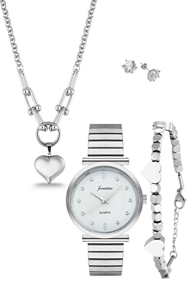 Forentina Kalpli Kolye Bileklik Küpe-Gri Metal Saat Kombin PS4118