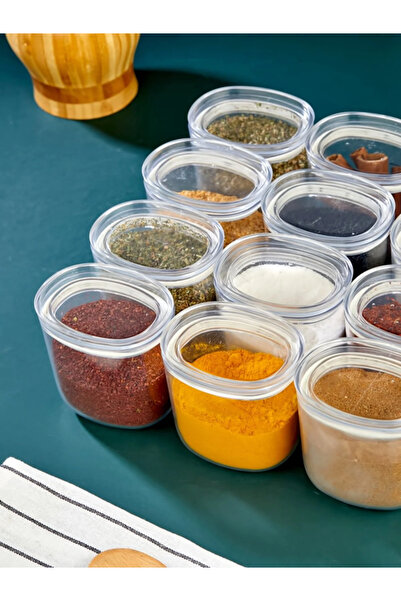 Tasarım Evi 12 Pieces Labeled 400 ml Vacuum Drip Spice Jar Set - Mica Spice Jar with Leak Proof Lid