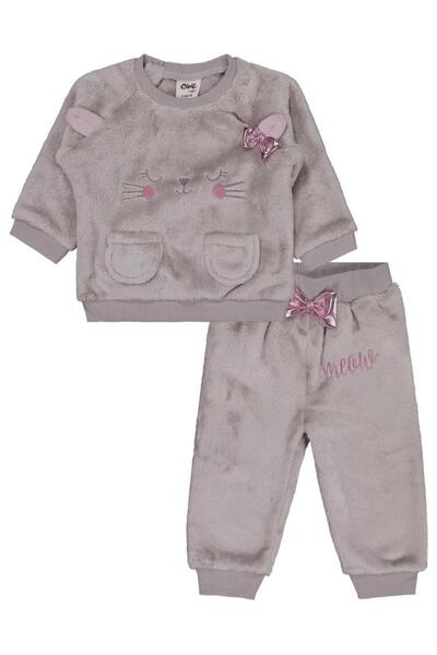 Civil Baby Pocket Detailed Meow Embroidered 6-18 Month Set - Gray 9-12 Months