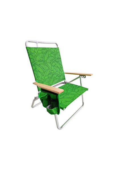 Bliss Folding camping chair — lightweight and comfortable with wooden backrest and leaf pattern (green)