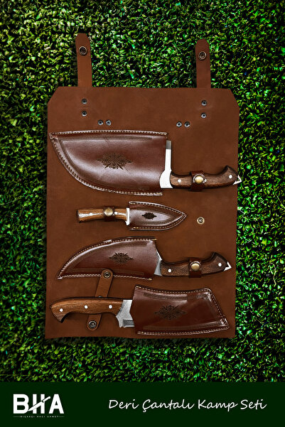 Sürmene Bıçakçı Hacı Ahmet 4 Parça Deri Çantalı Kamp Bıçağı Av Almazan Viking Tanto Bıçak Seti | Outdoor Trekking Kamp Seti