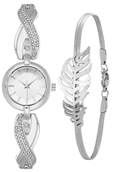 Forentina Taşlı Gri Kol Saati-Yılan Zincirli Yaprak Bileklik PS4120