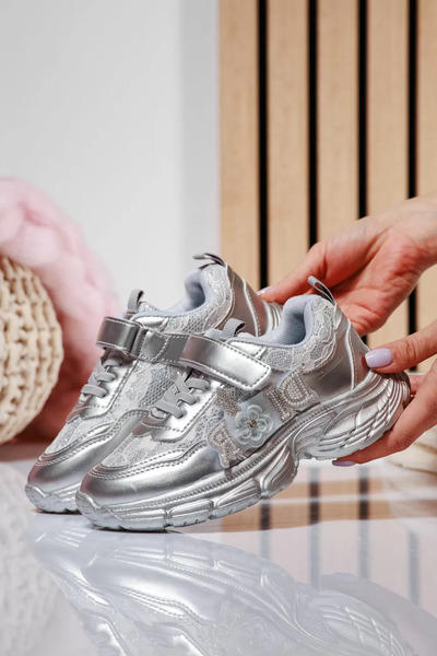 Zaira Ασημένια παιδικά πάνινα παπούτσια από οικολογικό δέρμα Marii #21126 - 29