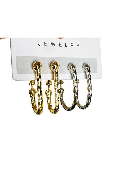 Furtek Aksesuar Women's Rectangular Vintage 2-Piece Steel Hoop Earring Set Non-Tarnish