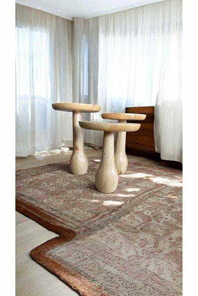 Simillo Home&Living Naturel Renk Masif Doğal Ahşap Mantar Sehpa 3’lü Set Fiskos