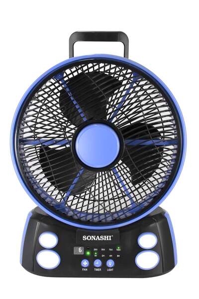 sonashi Rechargeable Fan SRF-212 12'' AC/DC 6-Speed with LED Light, Remote, USB & Solar Charging