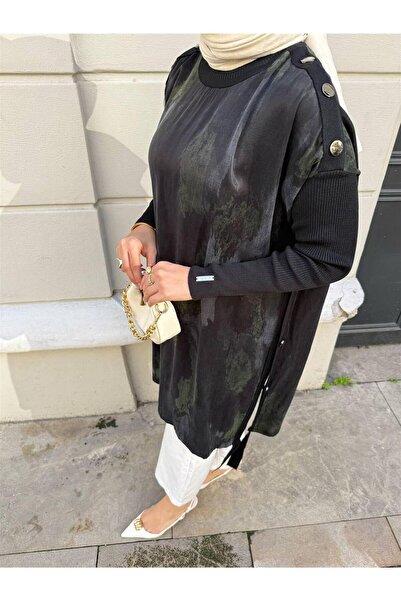 KULVAR TREND 283 Yan Ve Omuzları Metal Düğmeli Kupra Panço Siyah