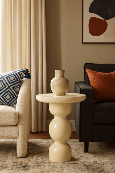 Simillo Home&Living Dekoratif Masif Ahşap Yan Sehpa Krem Renk ve Mantar Sehpa