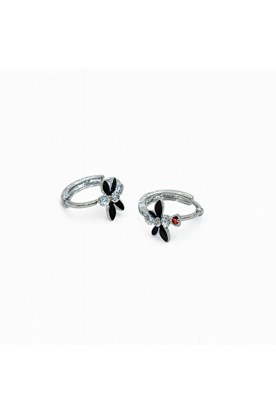 TuQos Black Flower Detailed Red Stone Zircon Hoop Earrings – Steel Anti Allergic