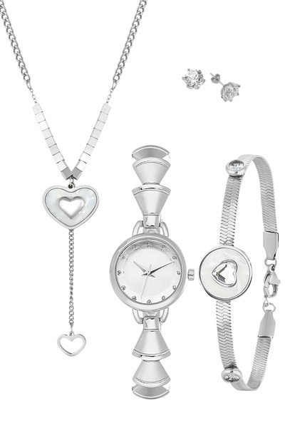 Forentina Gümüş Rengi Sallantılı Kalp Kolye Bileklik Tektaş Küpe Saat Kombin ...