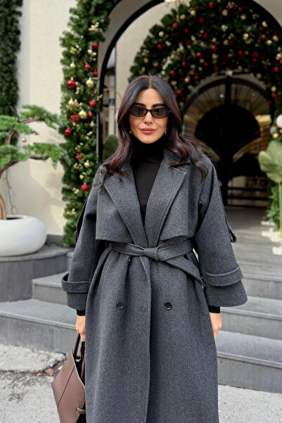 solena sln Kadın Yeni Sezon Ekstra Uzun Kalın Kışlık Kaşe Kaban - 130CM