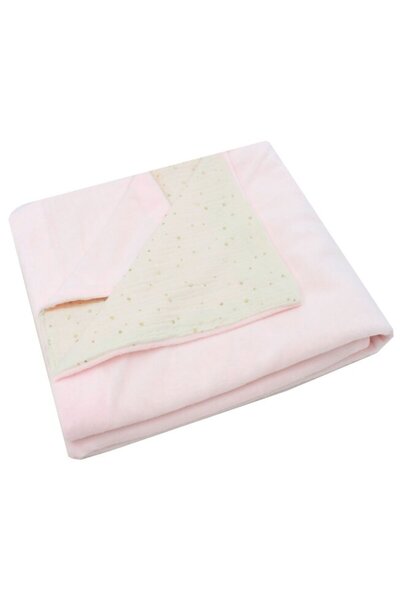 PRICHINDEL Pink velour blanket, muslin reverse, metallic dots ivory, 80x100 cm