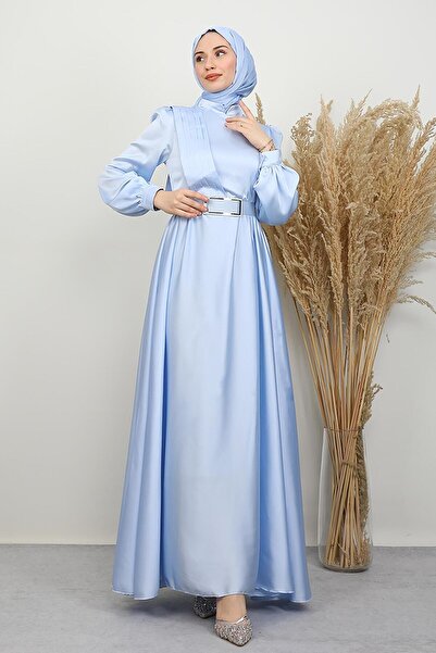 GİYZAMİLA Front Pleated Hijab Evening Dress Baby Blue